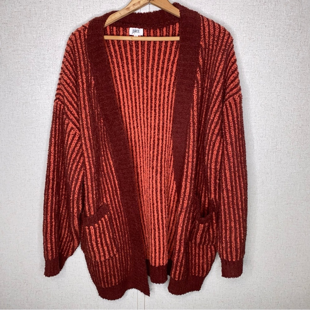 BKE Small Plush Fleece Long Striped Shrug Cardigan Sweater in Henna Langoustino